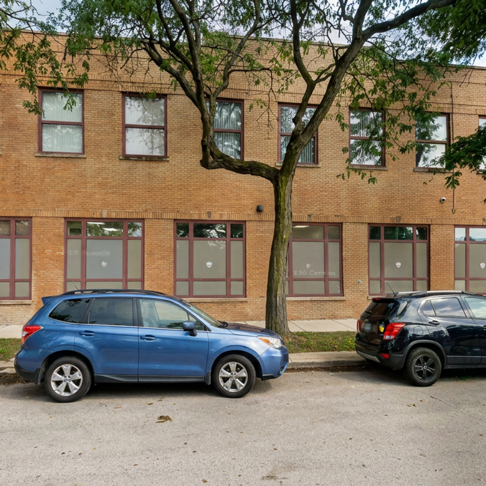 Brick building with large windows, leafy trees, sidewalk, and two parked SUVs along the street.
