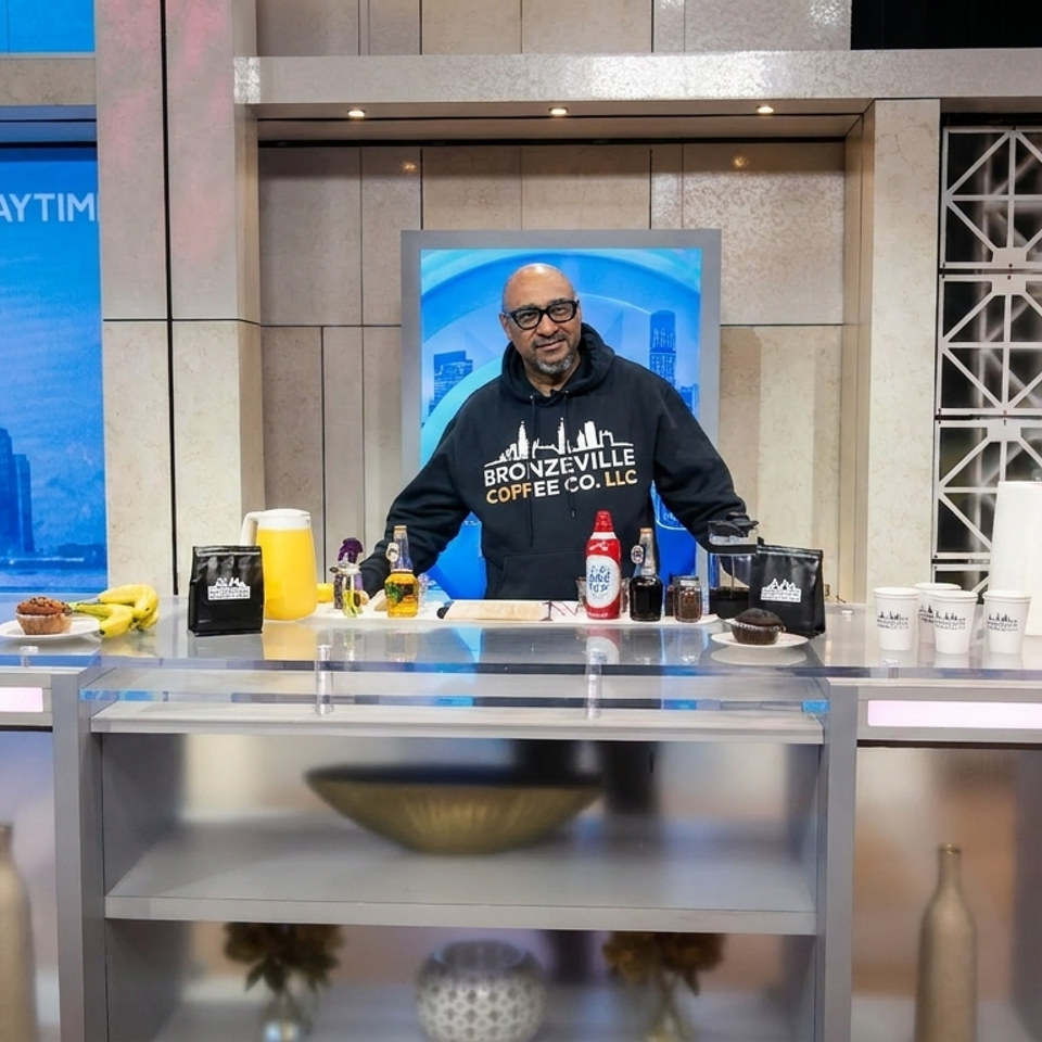 Man stands behind a coffee service counter on a Chicago daytime television set, with drinks, bananas, pastries, and skyline backdrop.