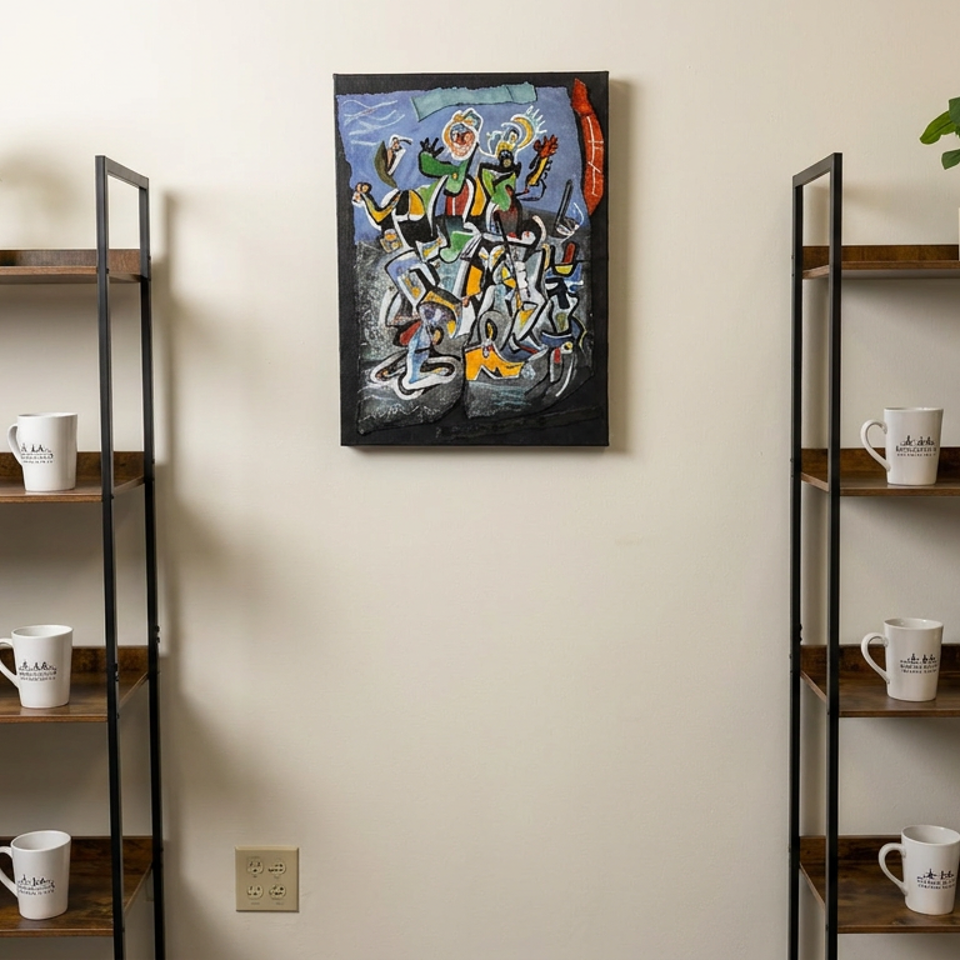 Shelves display branded coffee bags and mugs beneath potted plants, flanking colorful abstract artwork in a café interior.