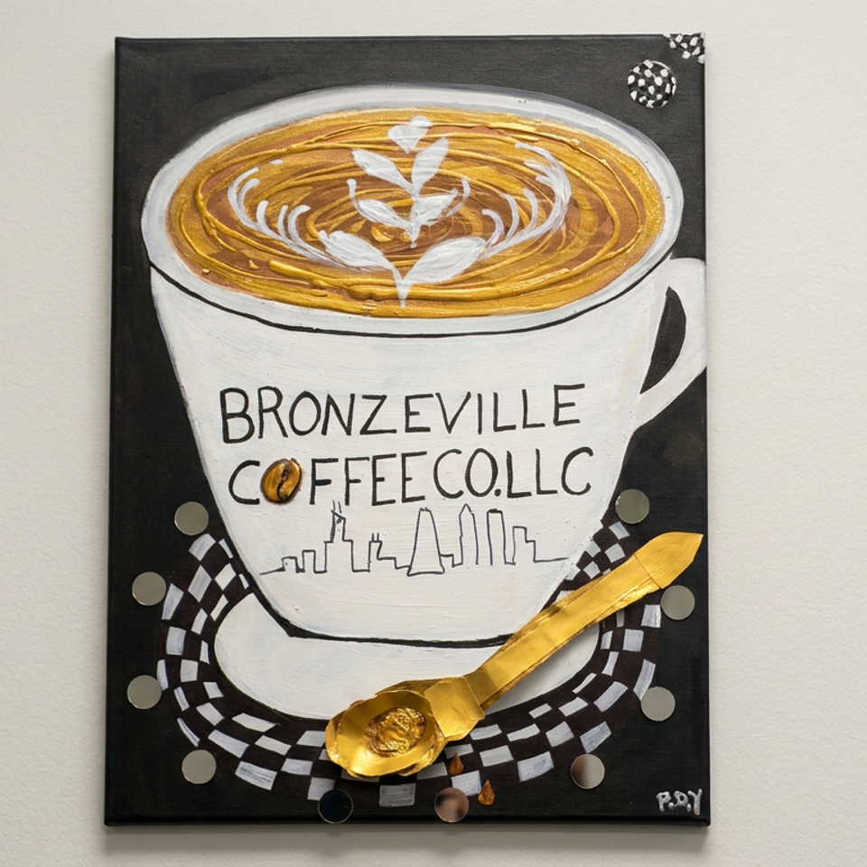 Painting of a latte-filled coffee cup labeled Bronzeville Coffee Co. LLC, with a gold spoon and Chicago skyline design.