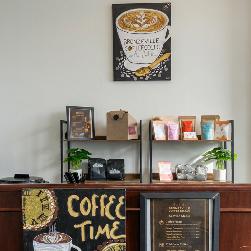 Bright coffee shop counter with shelves of products, potted plants, coffee artwork, and chalkboard signs advertising drinks.