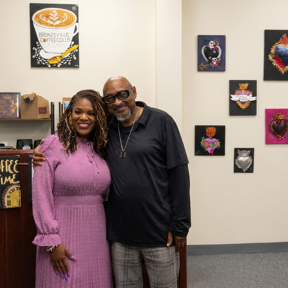 Two smiling adults pose beside a coffee counter, surrounded by colorful heart artwork and coffee-themed wall décor.