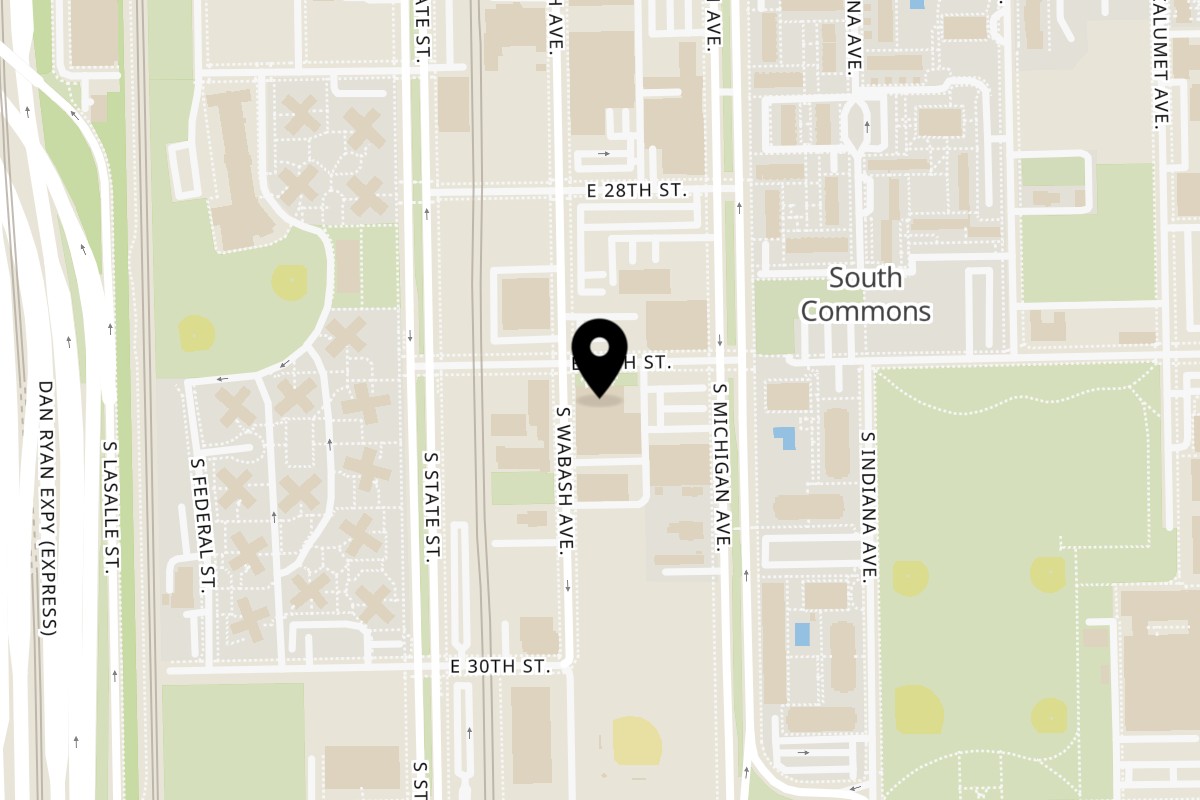 Map showing the location of Bronzeville Coffee Company on 2907 S Wabash Ave #203 in Chicago